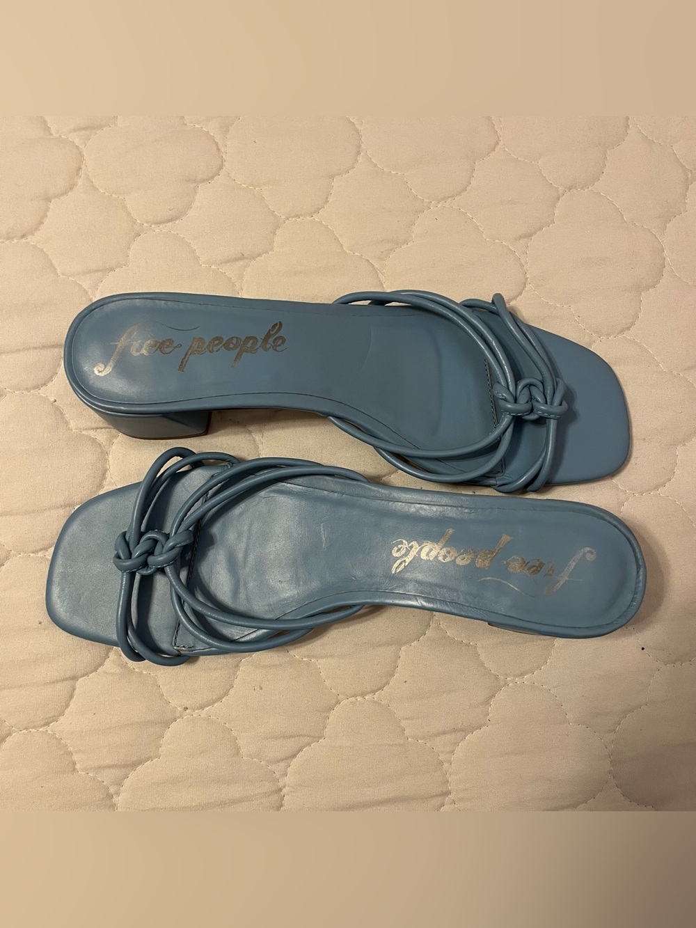 Free People Dusty Blue Knotted Strap Slide Mules Open Toe Block Heel Sandals